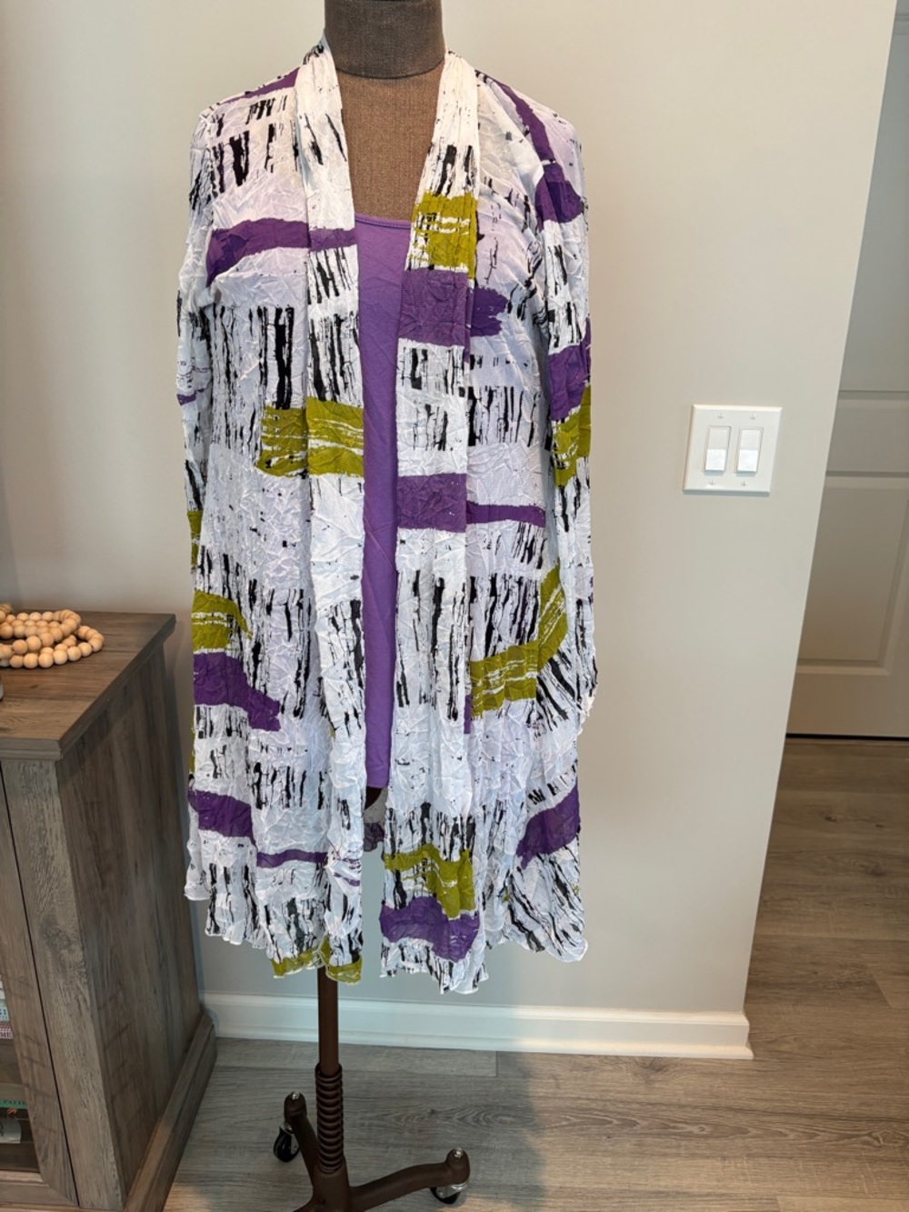 2 Pc Set Abstract Print Open-Front Women's Midi Cardigan - Purple/Green/White